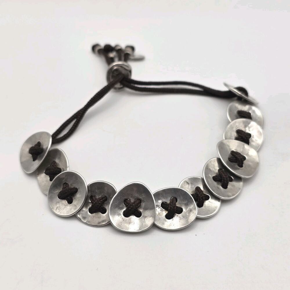 Silpada B2012 Sterling Silver "Button Up" Adjustable Bracelet-Brown Corded